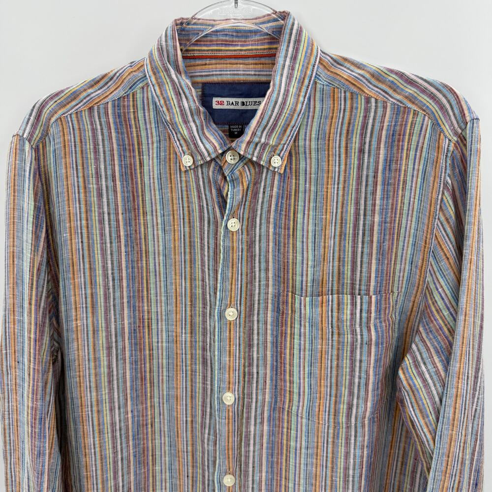 32 BAR BLUES Mens Linen Long Sleeve Button Down Shirt Size M Rainbow Stripe
